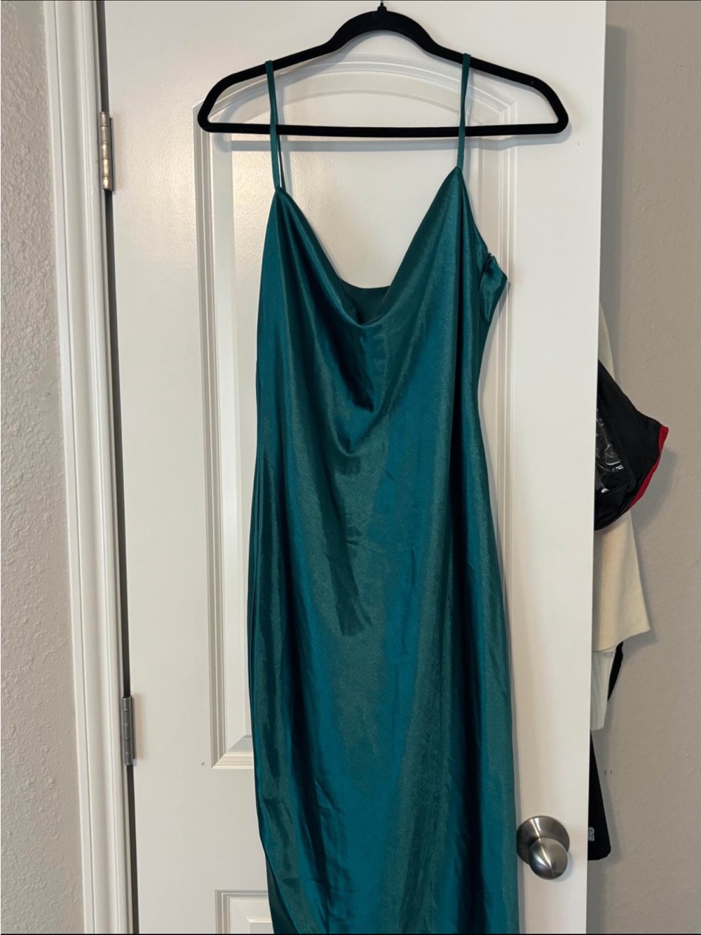 Teal Satin Slip Dress - Cowl Neck Spaghetti Straps